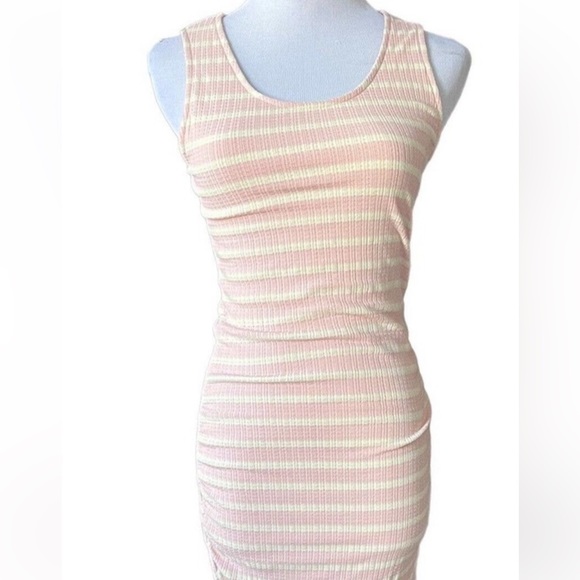 Kaleigh Peach & Cream Sleeveless Dress w Side Ruching & Crossover Front at Hem - Picture 14 of 14